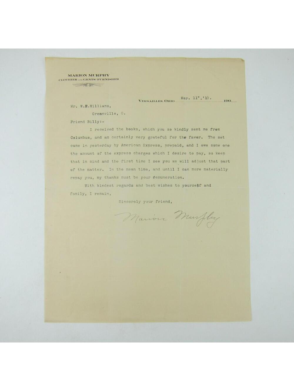 Letterhead Marion Murphy Clothier Versailles Ohio to W.H. Williams Antique 1910